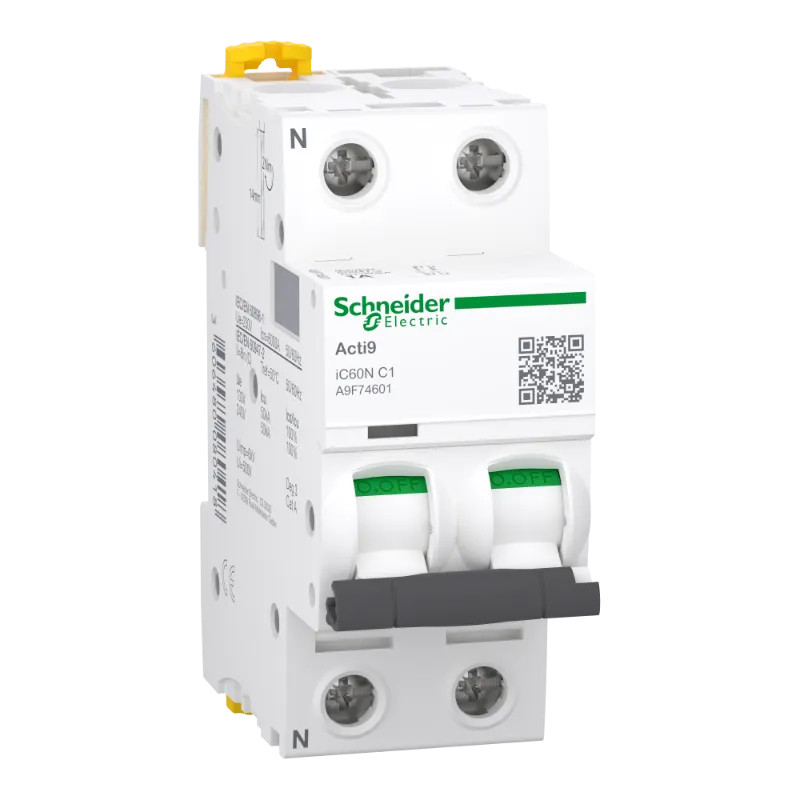 Acti9 iC60N - Disjoncteur - 1P+N - 1A - Courbe C - 230Vca - 6000A/50kA - A9F74601 Schneider Electric