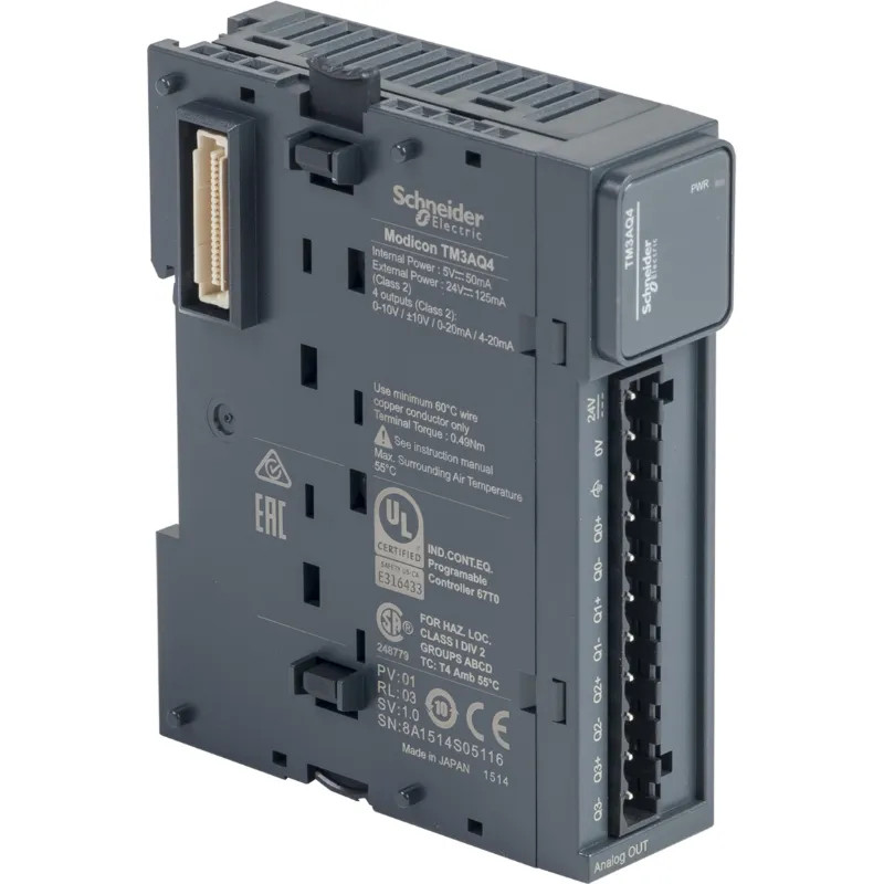 Modicon TM3, module 4 sorties analogiques, -10-0-10V, 0/4-20mA, à vis - TM3AQ4 Schneider Electric